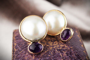 RETRO c1980’s MABE PEARL & AMETHYST EARRINGS 9ct GOLD