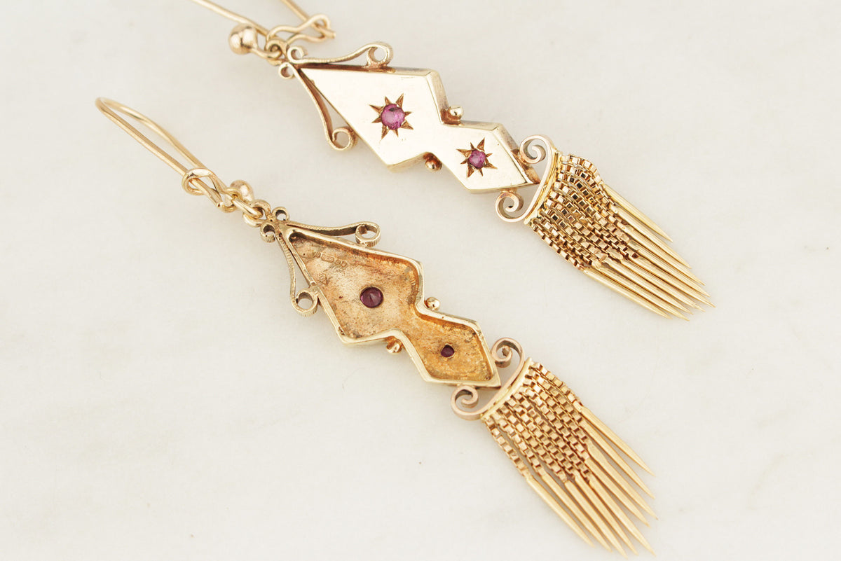 ANTIQUE VICTORIAN c1880 RUBY TASSEL EARRINGS 9ct GOLD