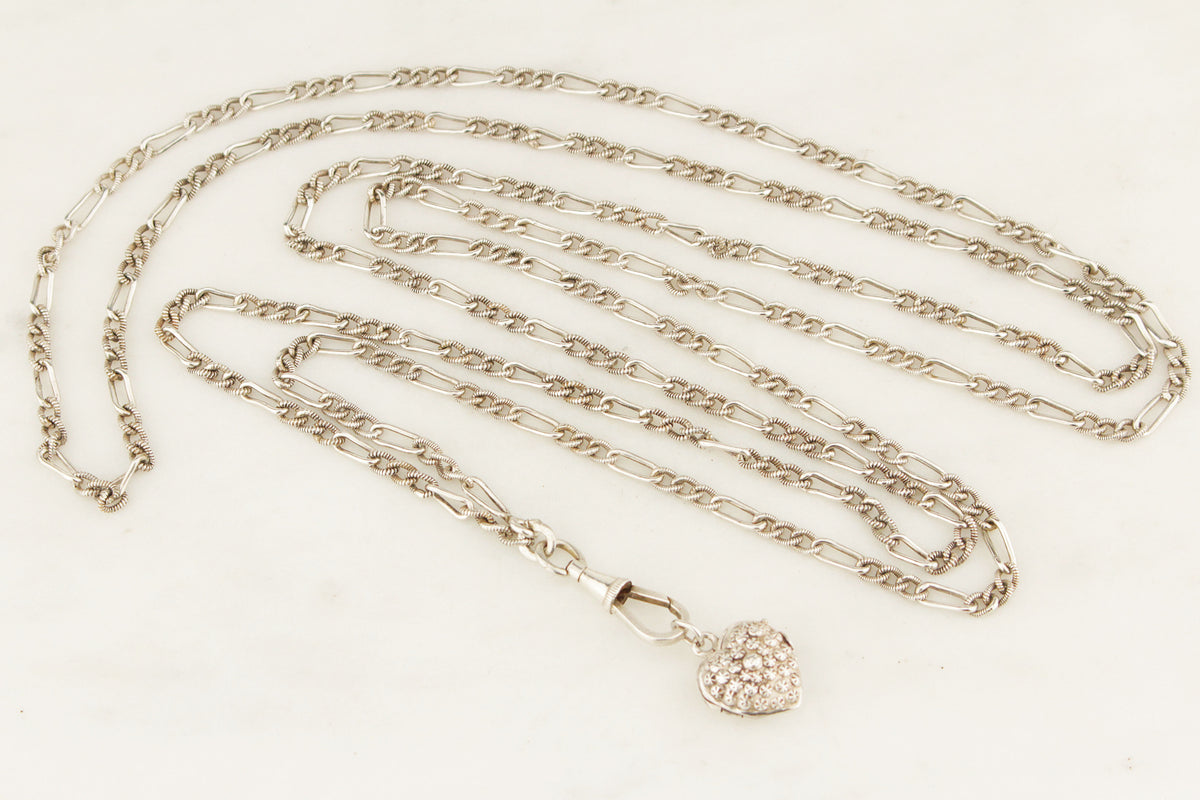 ANTIQUE LATE VICTORIAN c1890 SILVER GUARD CHAIN &amp; HEART LOCKET