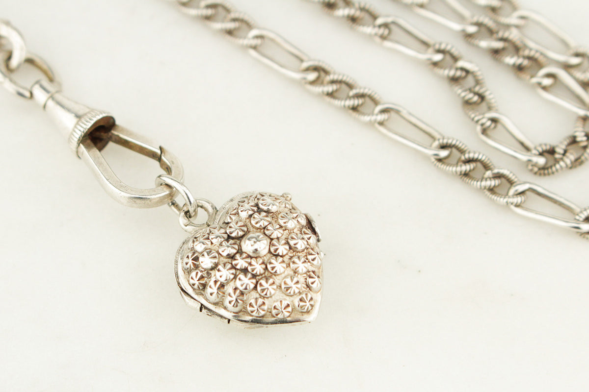 ANTIQUE LATE VICTORIAN c1890 SILVER GUARD CHAIN &amp; HEART LOCKET