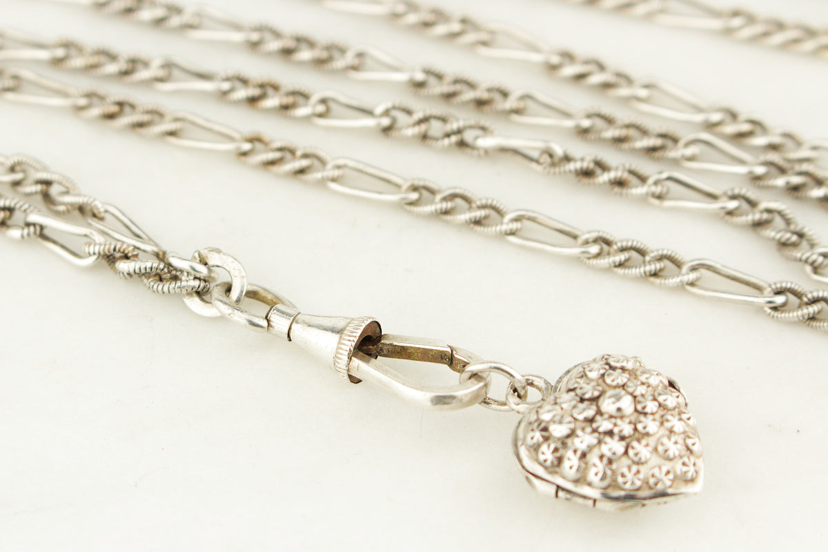 ANTIQUE LATE VICTORIAN c1890 SILVER GUARD CHAIN &amp; HEART LOCKET