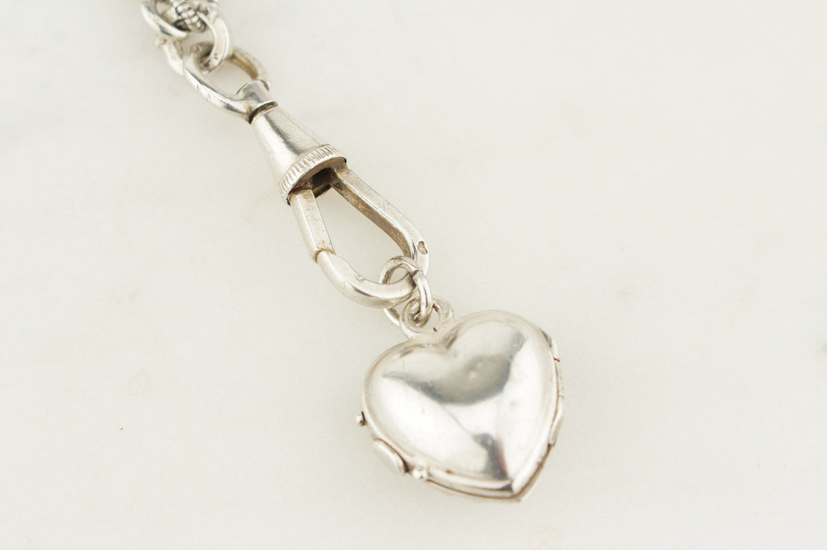 ANTIQUE LATE VICTORIAN c1890 SILVER GUARD CHAIN &amp; HEART LOCKET