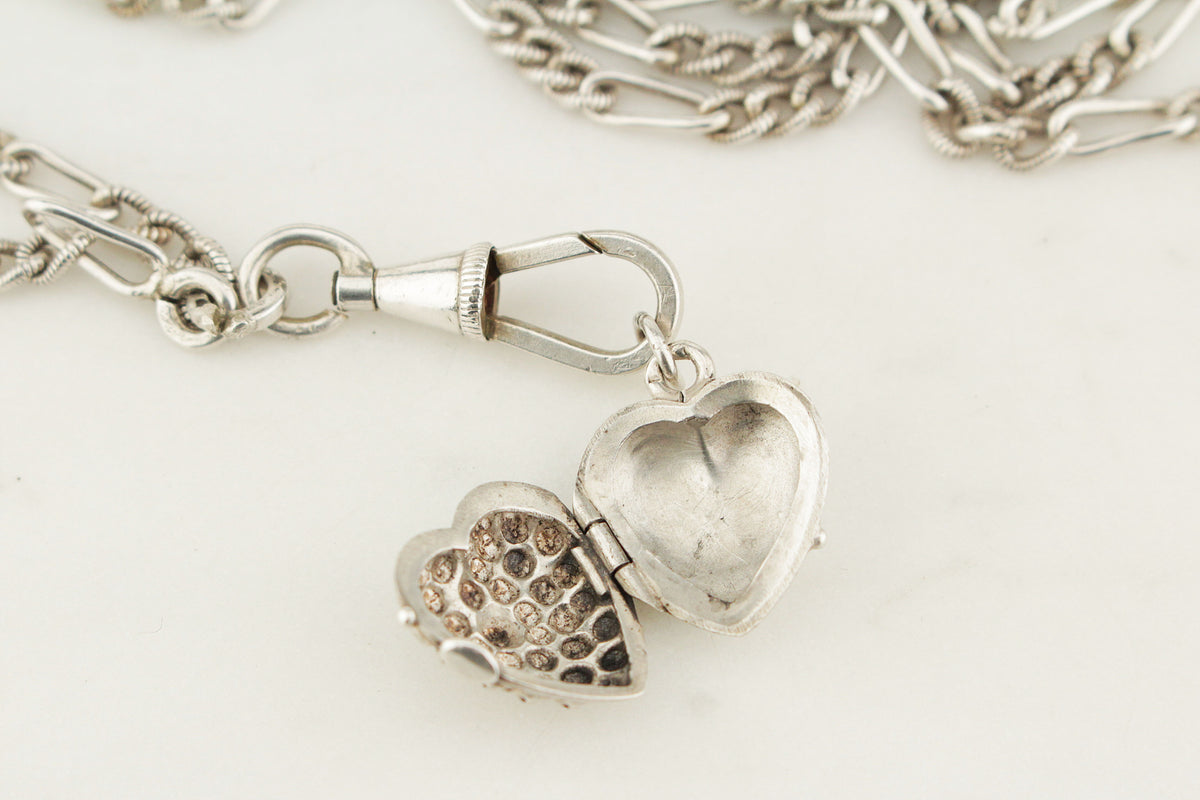 ANTIQUE LATE VICTORIAN c1890 SILVER GUARD CHAIN &amp; HEART LOCKET