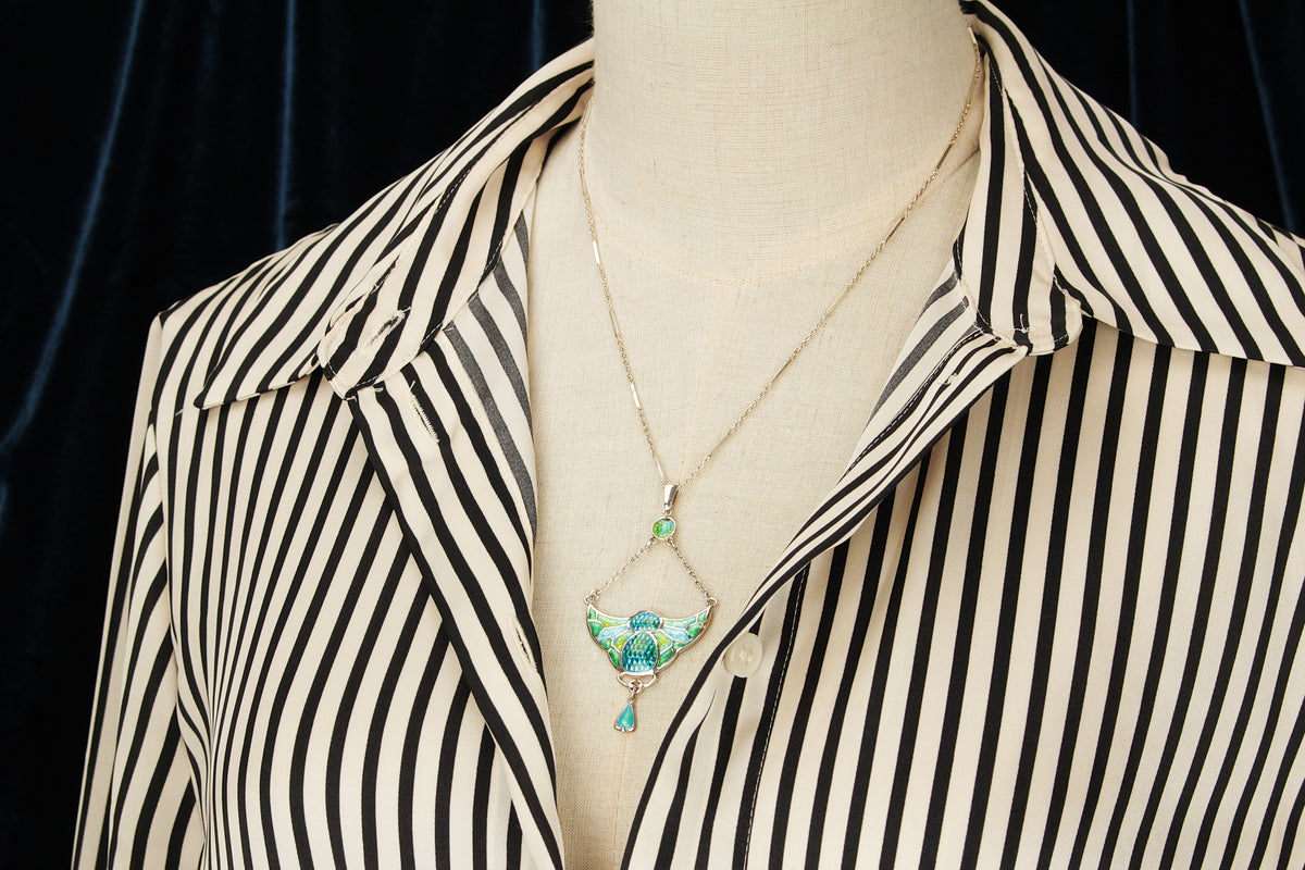 ANTIQUE ART NOUVEAU 1909 CHARLES HORNER SILVER & ENAMEL PENDANT NECKLACE