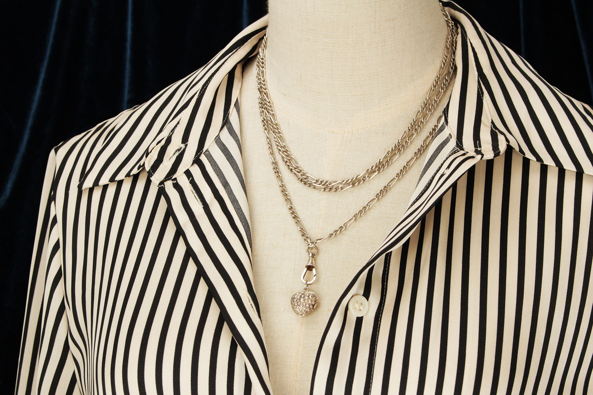 ANTIQUE LATE VICTORIAN c1890 SILVER GUARD CHAIN &amp; HEART LOCKET