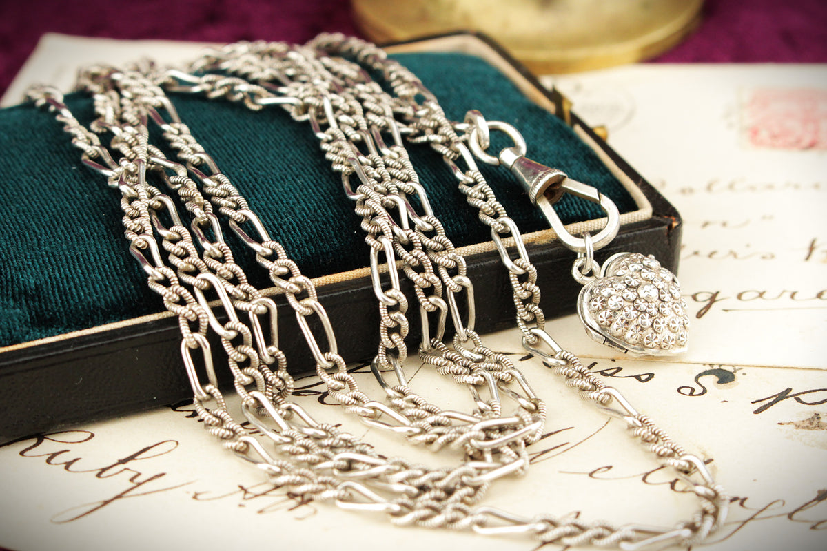 ANTIQUE LATE VICTORIAN c1890 SILVER GUARD CHAIN &amp; HEART LOCKET