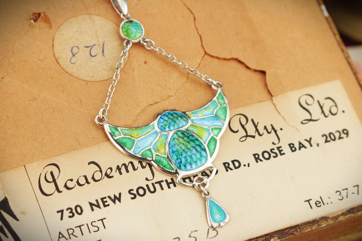 ANTIQUE ART NOUVEAU 1909 CHARLES HORNER SILVER & ENAMEL PENDANT NECKLACE
