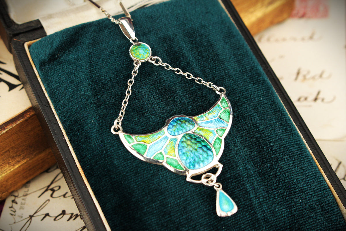 ANTIQUE ART NOUVEAU 1909 CHARLES HORNER SILVER & ENAMEL PENDANT NECKLACE