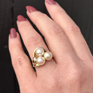 RETRO ESTATE 18ct GOLD AKOYA PEARL & DIAMOND DRESS RING