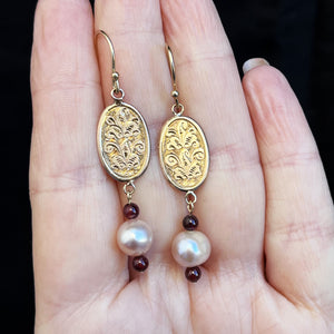 ANTIQUE EDWARDIAN 9/14ct GOLD EARRINGS WITH PINK PEARLS & GARNETS