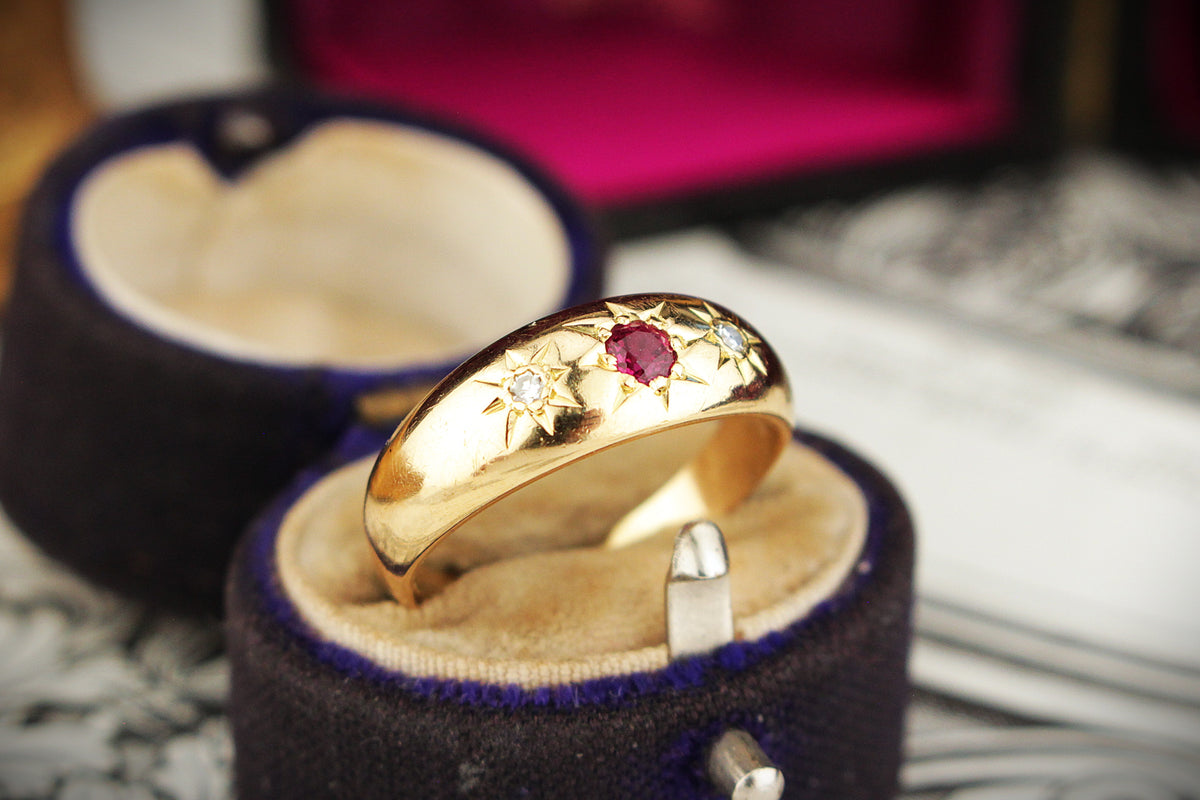ANTIQUE EDWARDIAN c1910 RUBY & DIAMOND STARBURST RING 18ct GOLD