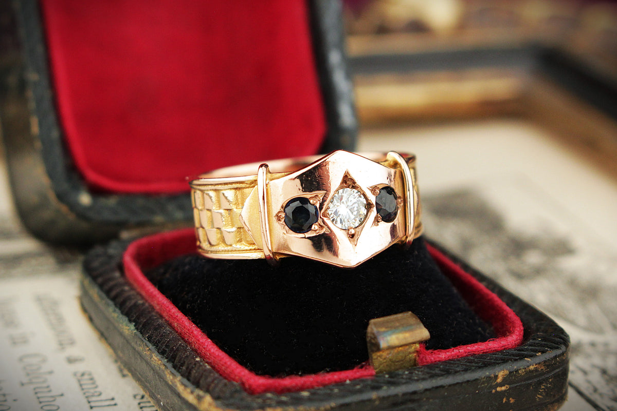ANTIQUE AUSTRALIAN c1900 SAPPHIRE &amp; DIAMOND RING 9ct ROSE &amp; YELLOW GOLD
