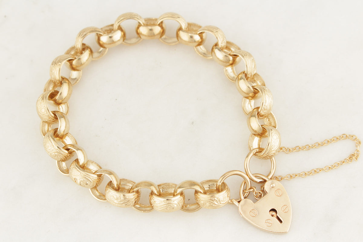 VINTAGE ANTIQUE STYLE ‘DAY &amp; NIGHT’ LINK PADLOCK BRACELET 9ct GOLD