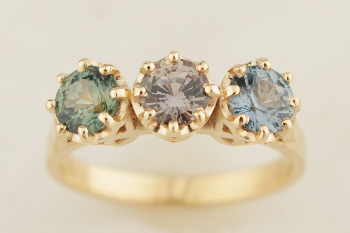 R&amp;V BESPOKE SAPPHIRE TRILOGY RING 9ct YELLOW GOLD