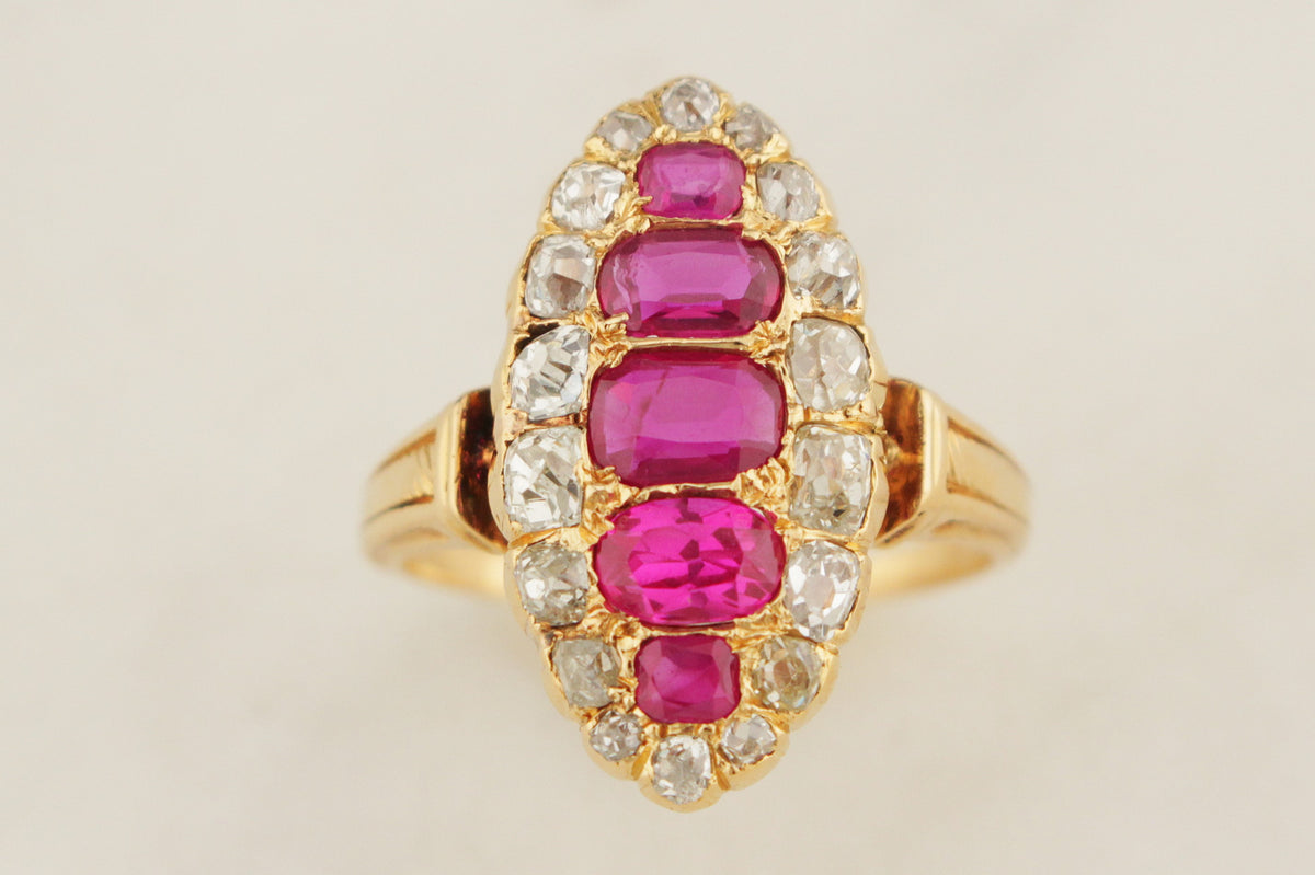 ANTIQUE VICTORIAN c1880 RUBY &amp; DIAMOND RING 18ct GOLD