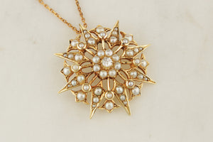 ANTIQUE EDWARDIAN c1900 DIAMOND & PEARL STARBURST PENDANT 15ct GOLD