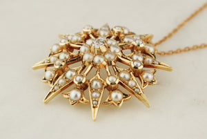 ANTIQUE EDWARDIAN c1900 DIAMOND & PEARL STARBURST PENDANT 15ct GOLD