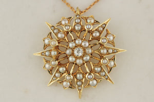 ANTIQUE EDWARDIAN c1900 DIAMOND & PEARL STARBURST PENDANT 15ct GOLD