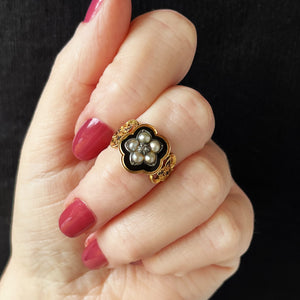 ANTIQUE VICTORIAN 1852 DIAMOND & PEARL MOURNING RING 18ct GOLD