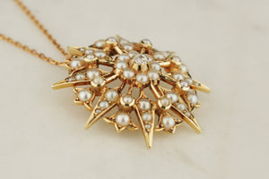 ANTIQUE EDWARDIAN c1900 DIAMOND & PEARL STARBURST PENDANT 15ct GOLD