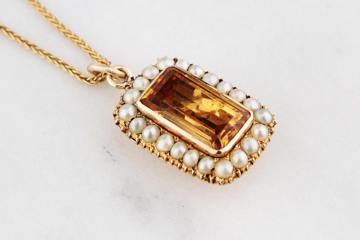 ANTIQUE EDWARDIAN CITRINE &amp; SEED PEARL PENDANT 9ct GOLD