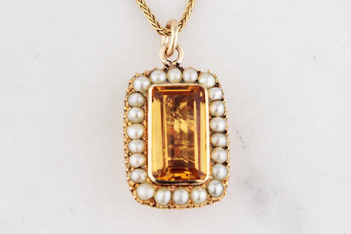 ANTIQUE EDWARDIAN CITRINE &amp; SEED PEARL PENDANT 9ct GOLD