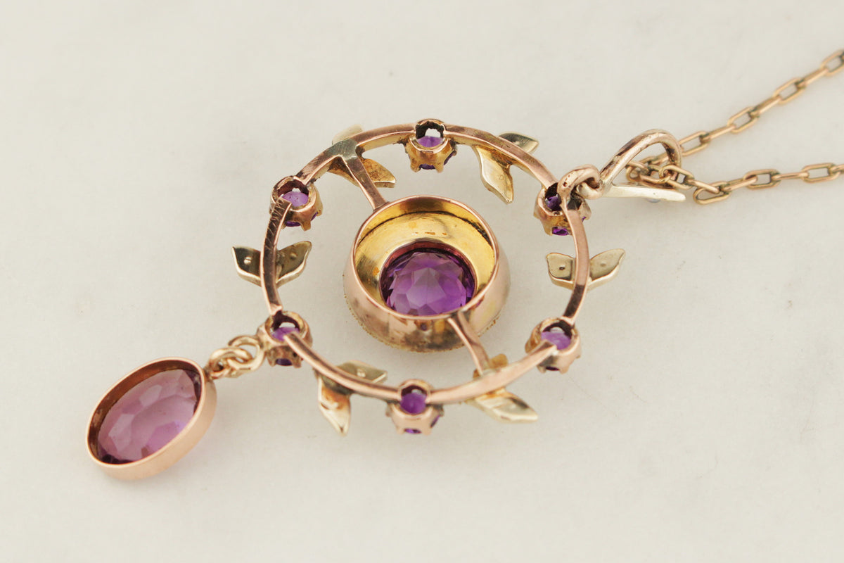 ANTIQUE EDWARDIAN c1900 AMETHYST & SEED PEARL PENDANT 9ct GOLD