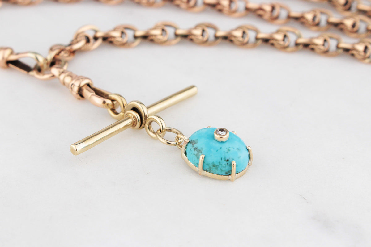 ANTIQUE TURQUOISE &amp; DIAMOND T-BAR PENDANT 9ct GOLD