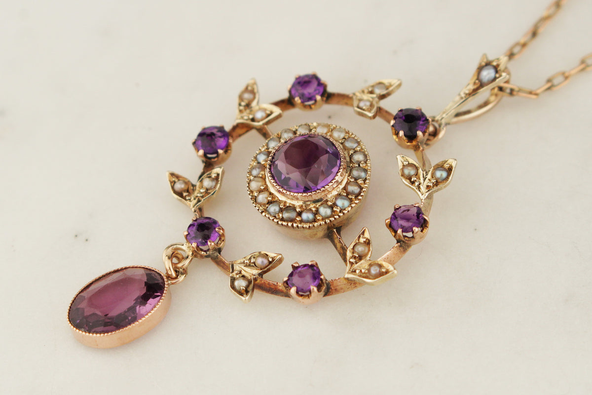 ANTIQUE EDWARDIAN c1900 AMETHYST & SEED PEARL PENDANT 9ct GOLD