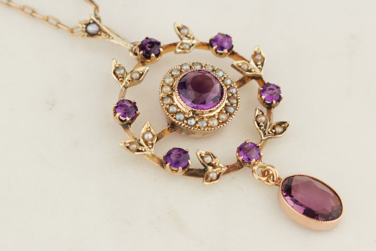 ANTIQUE EDWARDIAN c1900 AMETHYST & SEED PEARL PENDANT 9ct GOLD