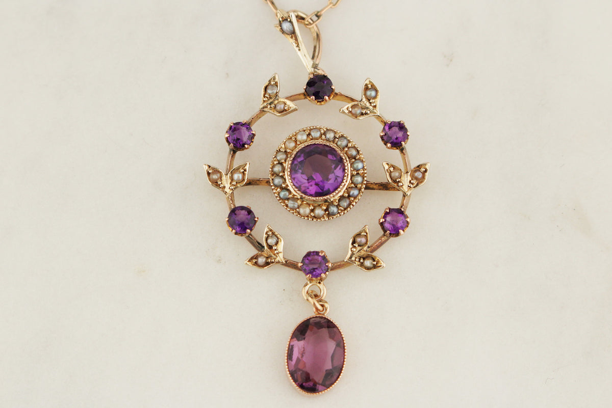 ANTIQUE EDWARDIAN c1900 AMETHYST & SEED PEARL PENDANT 9ct GOLD