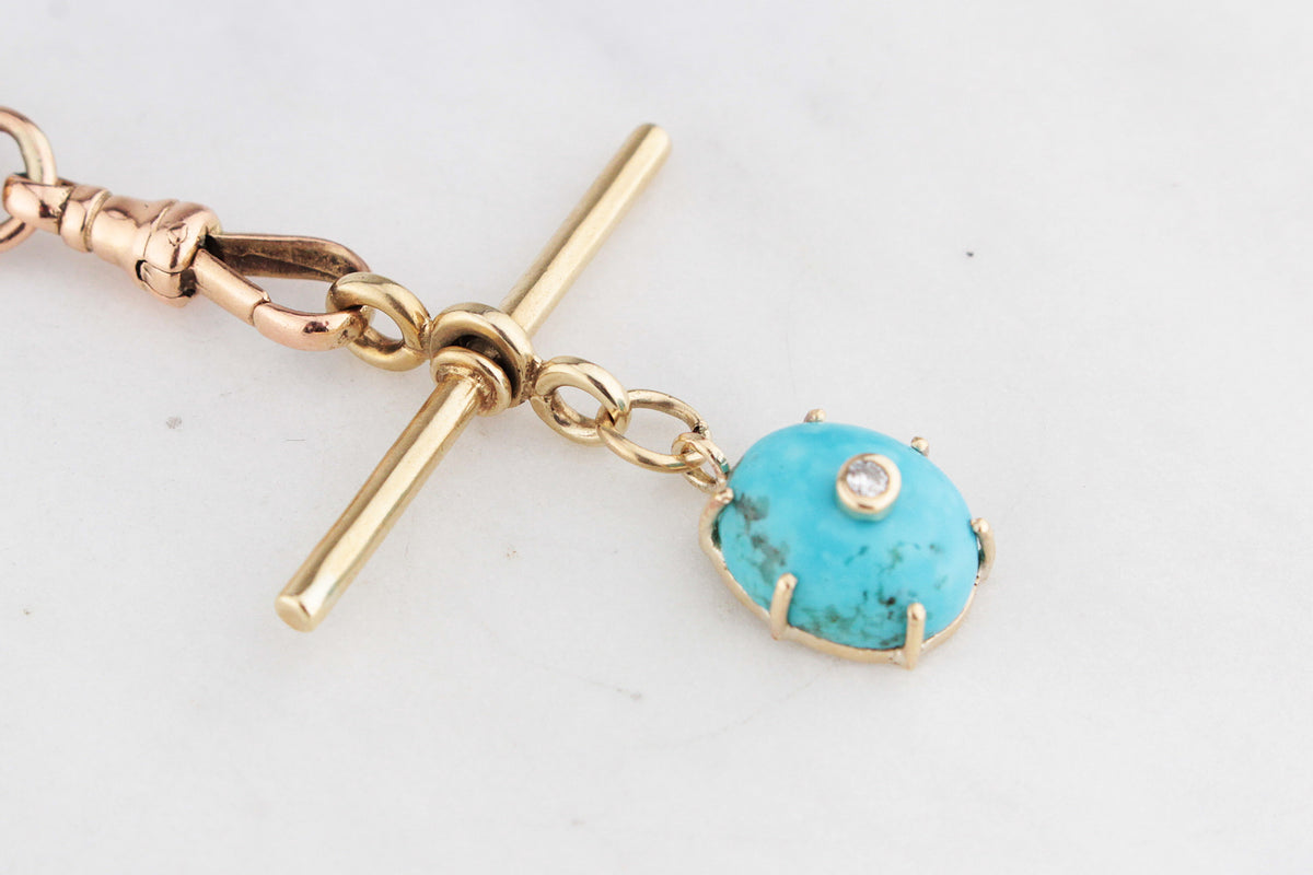 ANTIQUE TURQUOISE &amp; DIAMOND T-BAR PENDANT 9ct GOLD
