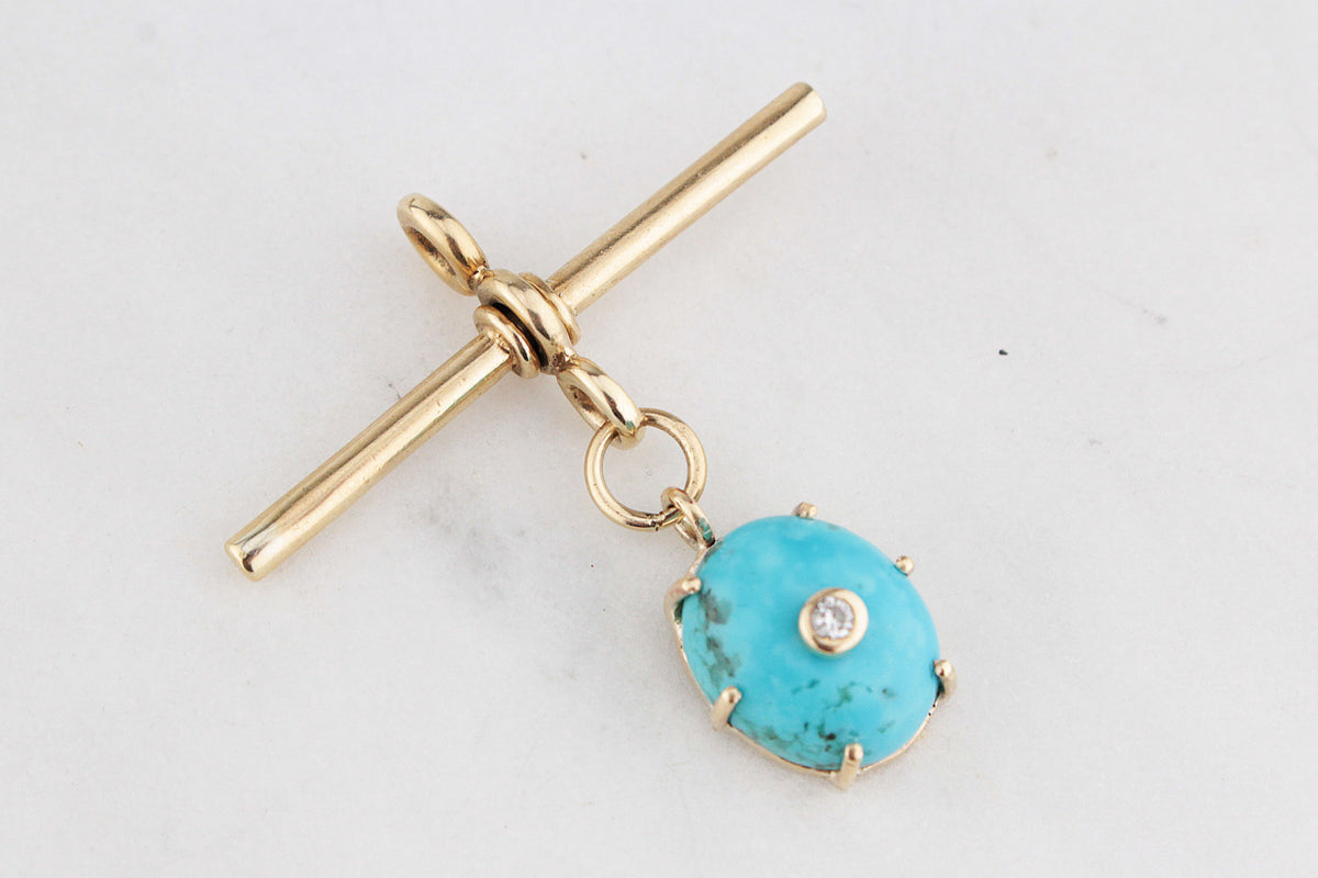 ANTIQUE TURQUOISE &amp; DIAMOND T-BAR PENDANT 9ct GOLD