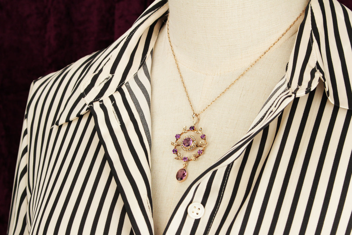 ANTIQUE EDWARDIAN c1900 AMETHYST & SEED PEARL PENDANT 9ct GOLD