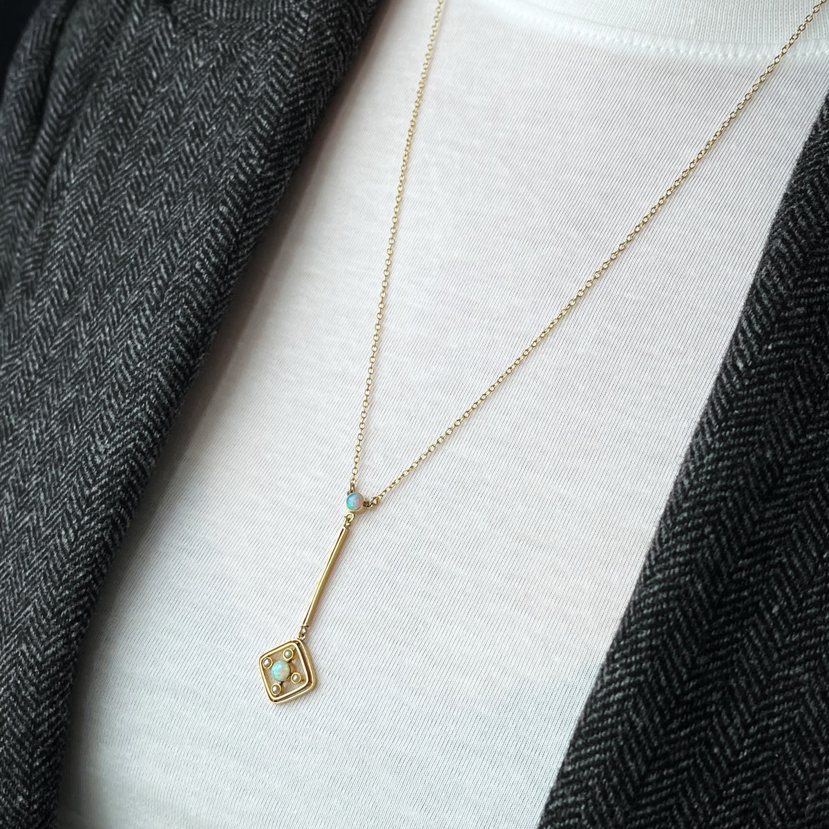 ORIGINAL ART DECO OPAL &amp; SEED PEARL NECKLACE 9ct GOLD