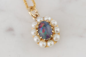 VINTAGE ESTATE OPAL TRIPLET & PEARL PENDANT ON 9ct YELLOW GOLD