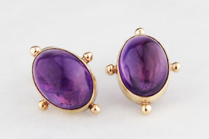 RETRO AMETHYST CABOCHON EARRINGS 9ct GOLD