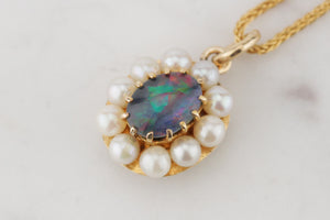 VINTAGE ESTATE OPAL TRIPLET & PEARL PENDANT ON 9ct YELLOW GOLD