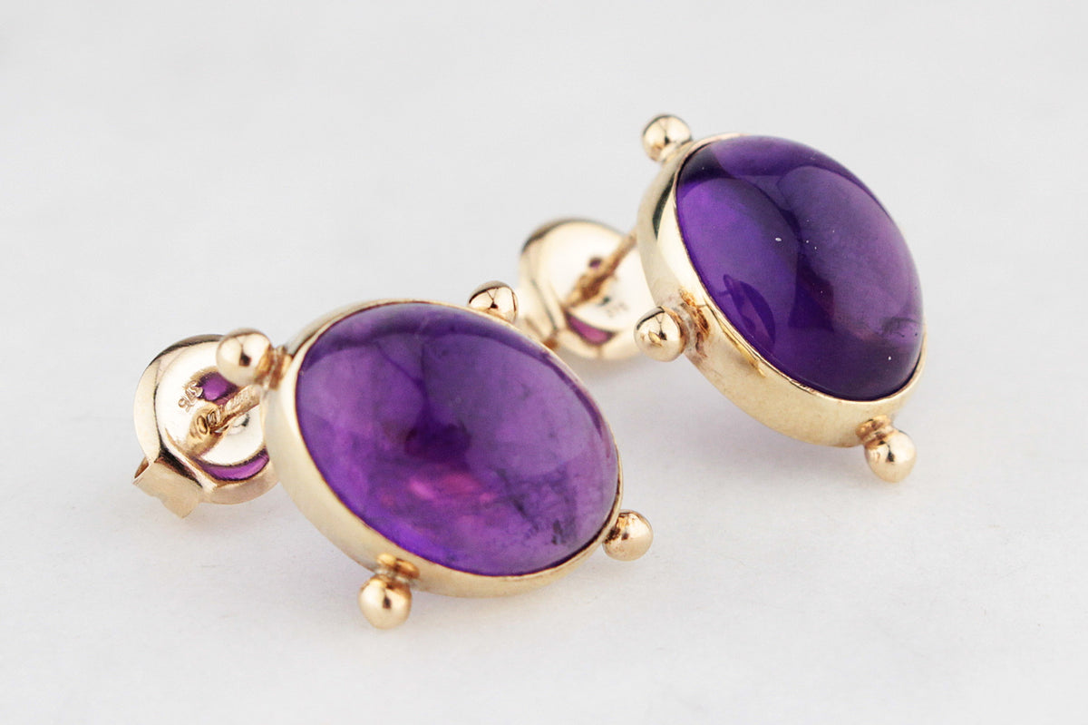 RETRO AMETHYST CABOCHON EARRINGS 9ct GOLD