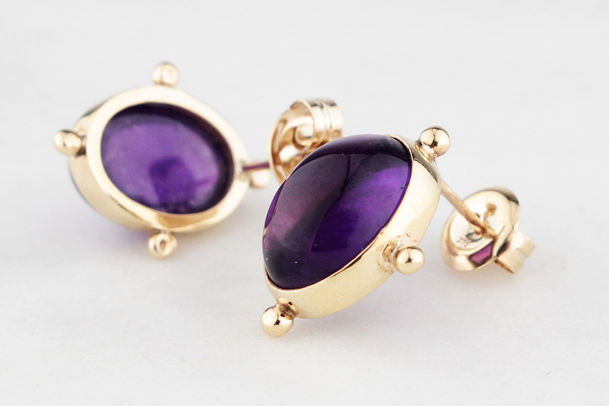 RETRO AMETHYST CABOCHON EARRINGS 9ct GOLD
