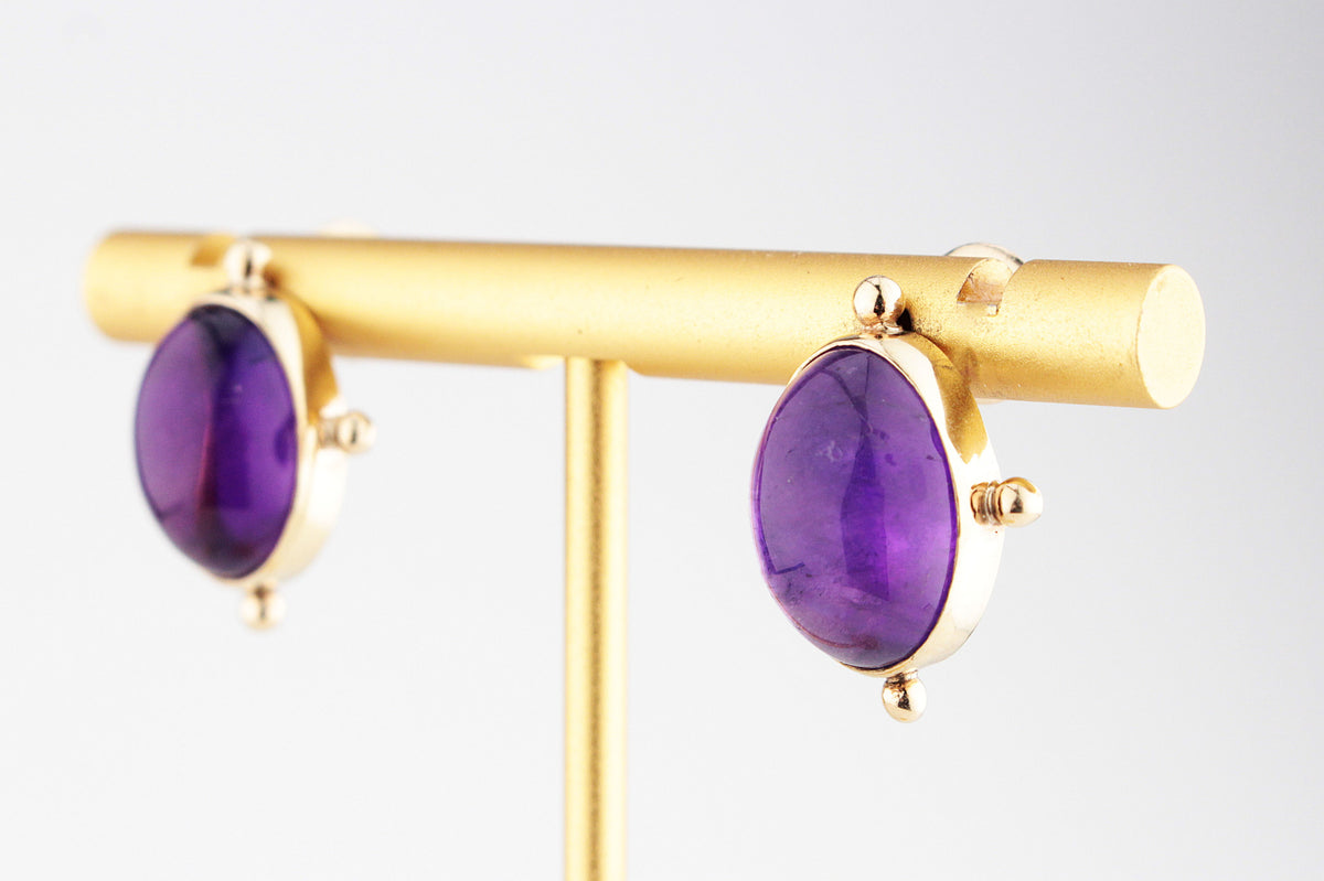 RETRO AMETHYST CABOCHON EARRINGS 9ct GOLD