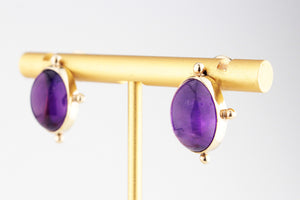 RETRO AMETHYST CABOCHON EARRINGS 9ct GOLD