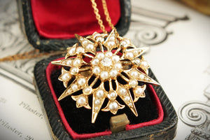 ANTIQUE EDWARDIAN c1900 DIAMOND & PEARL STARBURST PENDANT 15ct GOLD