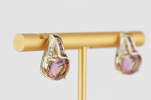 MODERN AMETRINE & DIAMOND EARRINGS ON 9ct YELLOW GOLD