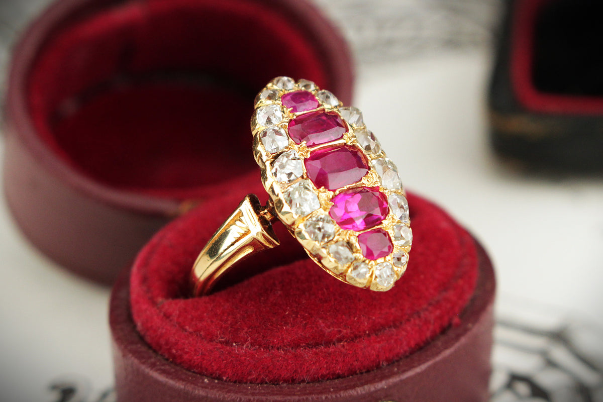 ANTIQUE VICTORIAN c1880 RUBY &amp; DIAMOND RING 18ct GOLD