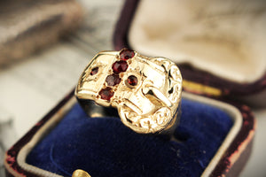 ANTIQUE EDWARDIAN c1900 GARNET BUCKLE RING 9ct GOLD