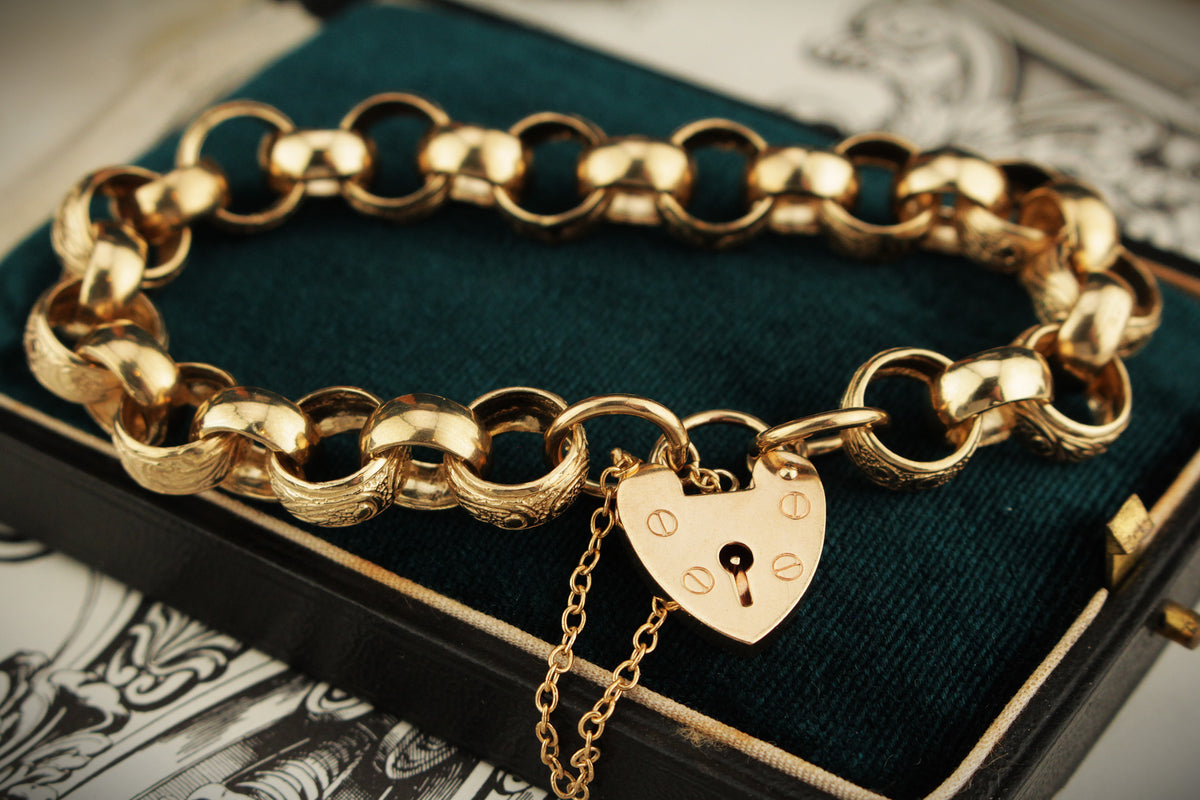 VINTAGE ANTIQUE STYLE ‘DAY &amp; NIGHT’ LINK PADLOCK BRACELET 9ct GOLD