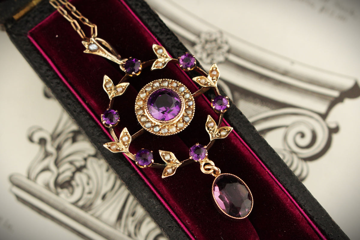ANTIQUE EDWARDIAN c1900 AMETHYST & SEED PEARL PENDANT 9ct GOLD