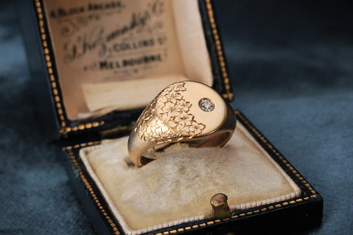 BESPOKE DIAMOND FLORAL SIGNET RING 9CT GOLD