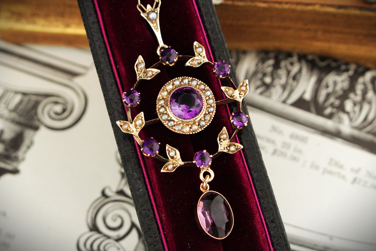 ANTIQUE EDWARDIAN c1900 AMETHYST & SEED PEARL PENDANT 9ct GOLD